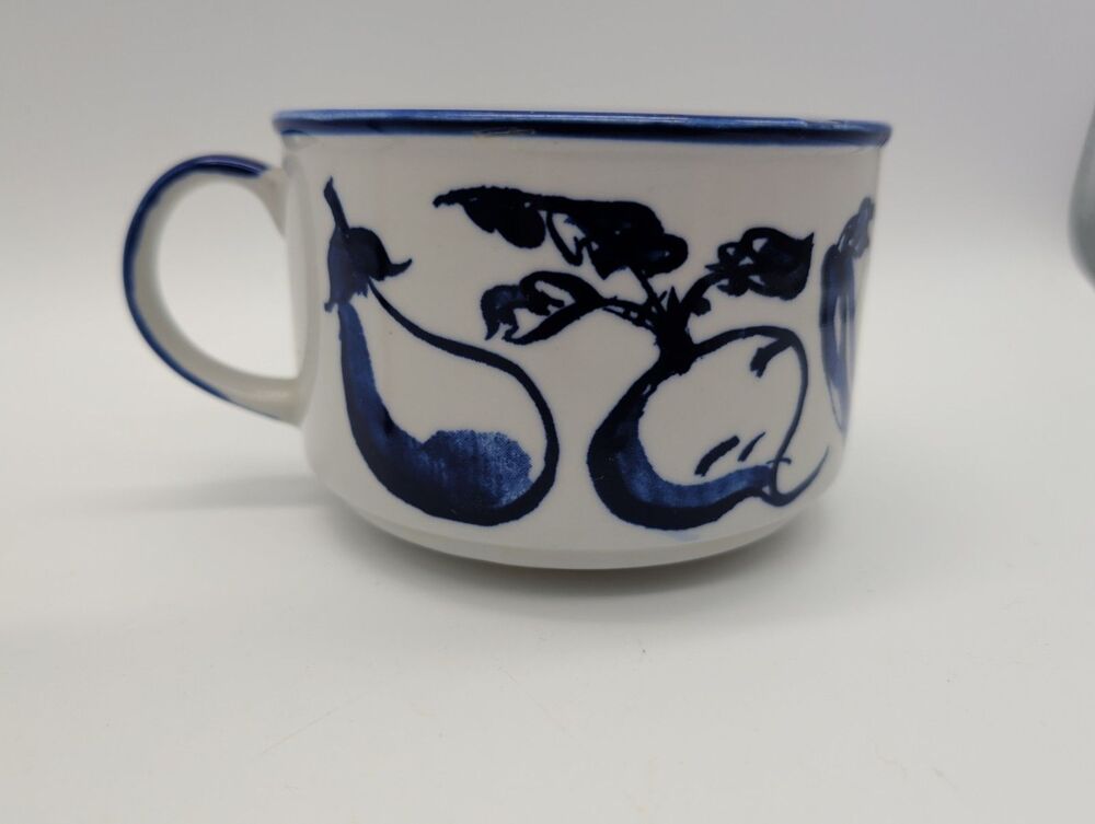 Vth Vegetable Stacking Soup Bowl Mug Onion Carrot Eggplant Beet Blue & White